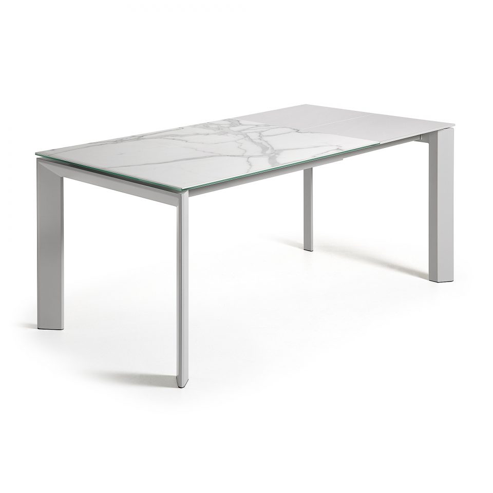 Blagovaonski stol na razvlačenje Atta, bijeli porcelan, sive nogice, više dimenzija