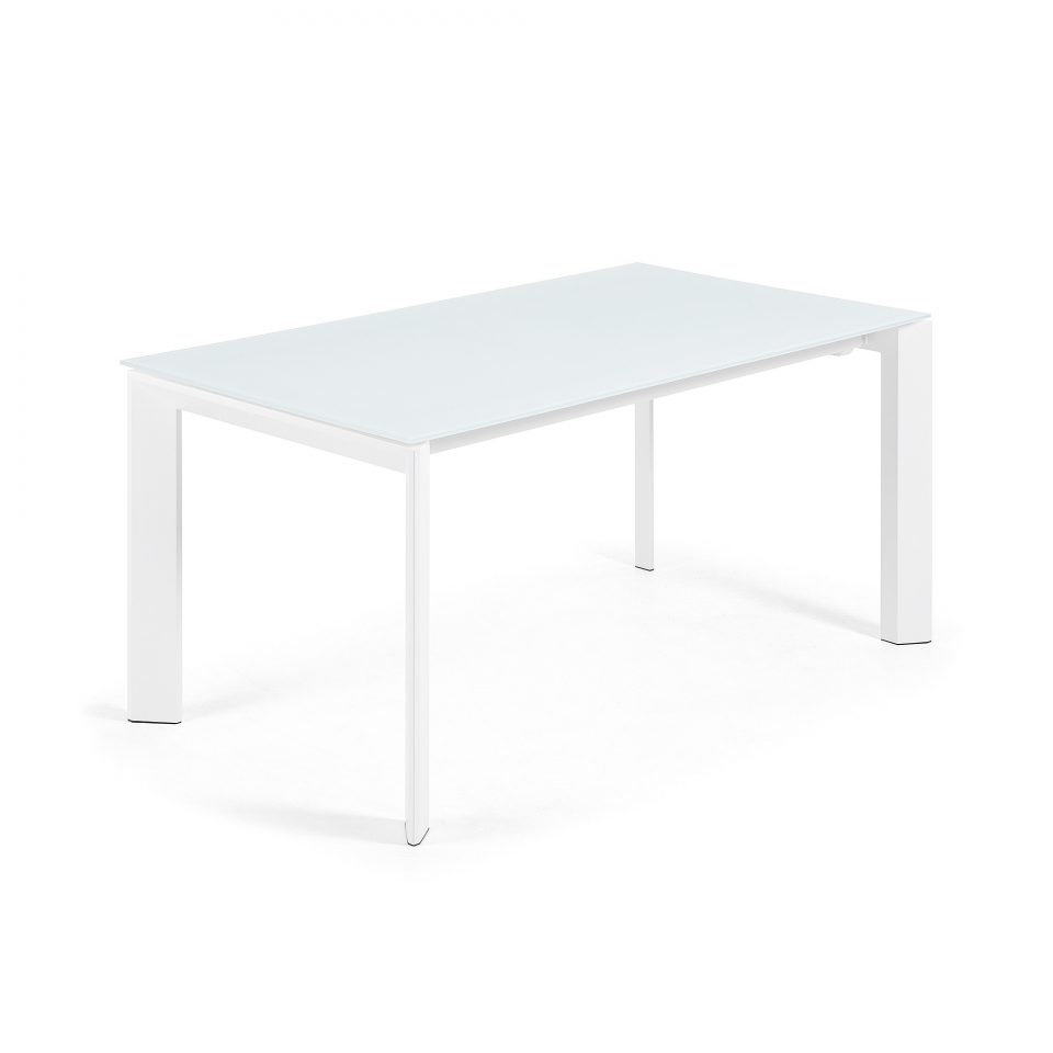 Stakleni blagovaonski stol na razvlačenje Atta, bijelo staklo, bijele nogice, više dimenzija