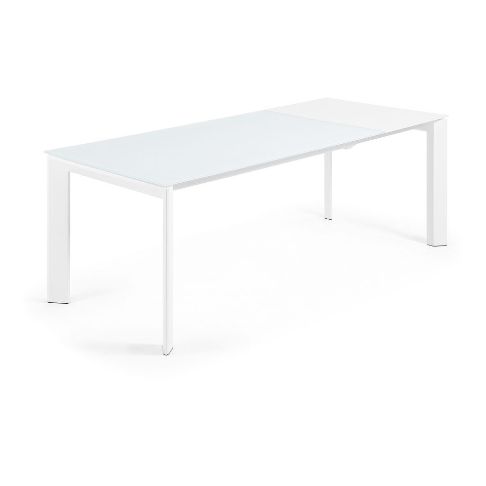 Stakleni blagovaonski stol na razvlačenje Atta, bijelo staklo, bijele nogice, više dimenzija