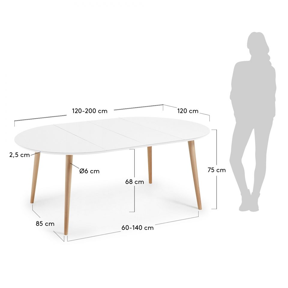 Okrugli blagovaonski stol Oakland, bijeli, okruglog oblika, 75 x 120 (200) x 120 cm