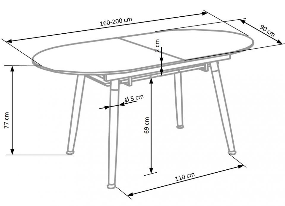 Ovalni blagovaonski stol Caliber, dimenzije 160/200 x 90 x 76 cm