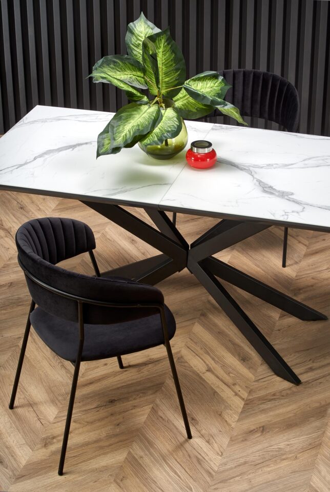 DIESEL extension table, color: top - white marble / dark grey, legs - black