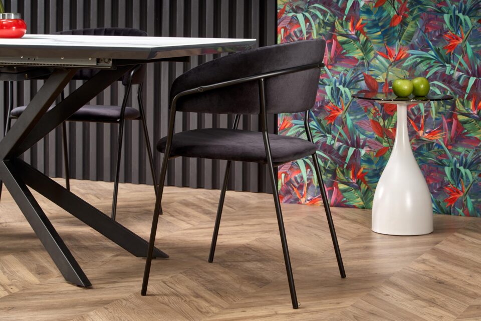 DIESEL extension table, color: top - white marble / dark grey, legs - black