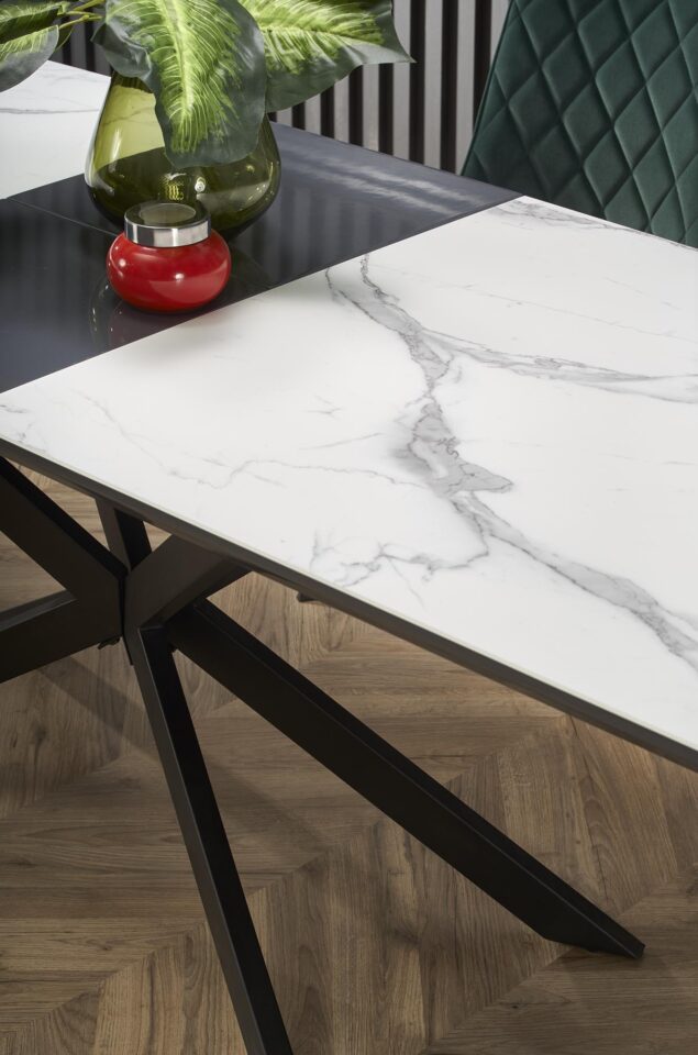 DIESEL extension table, color: top - white marble / dark grey, legs - black