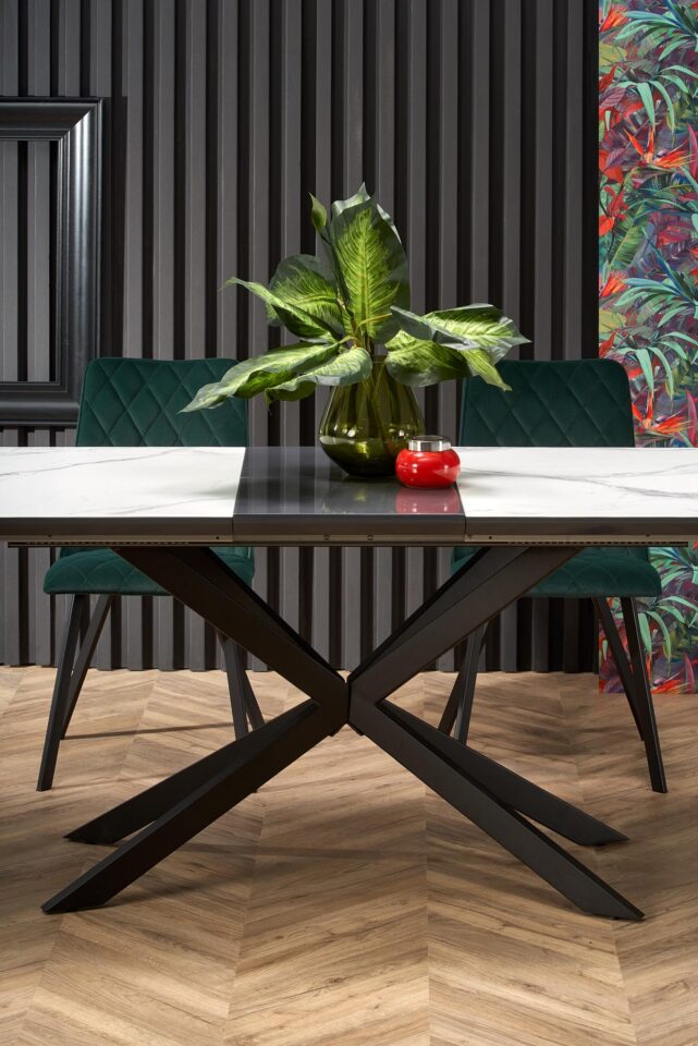 DIESEL extension table, color: top - white marble / dark grey, legs - black