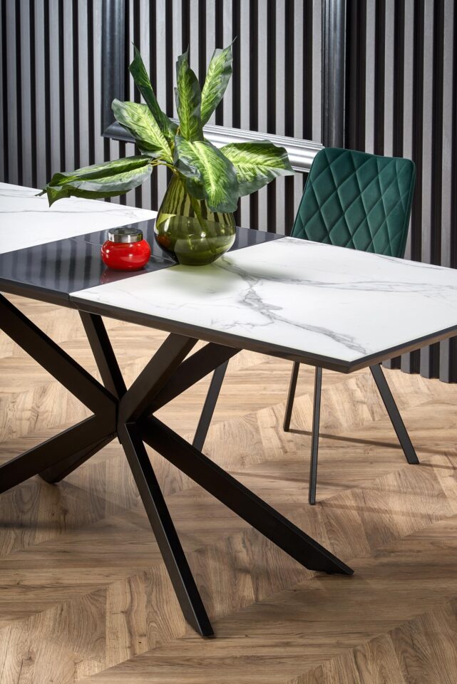 DIESEL extension table, color: top - white marble / dark grey, legs - black