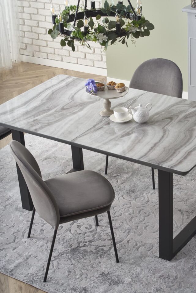 MARLEY extension table, color: top - white marble / grey, legs - black