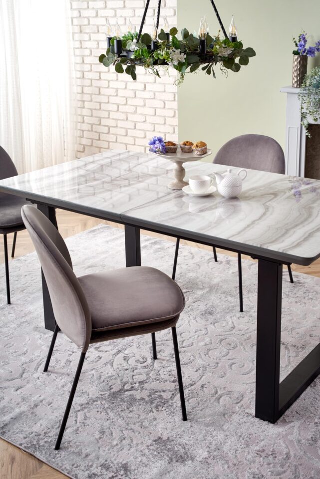 MARLEY extension table, color: top - white marble / grey, legs - black