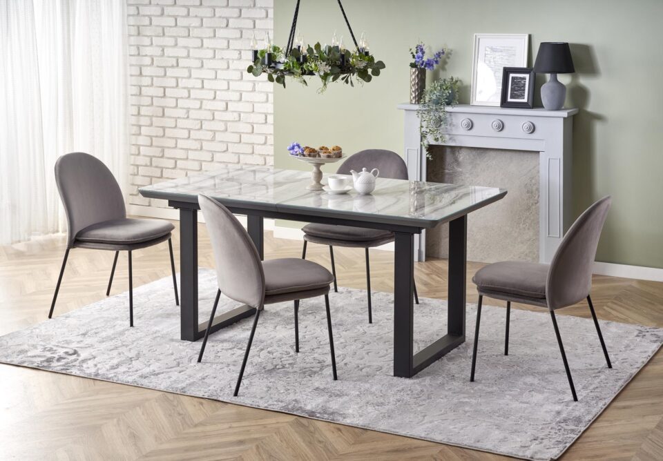 MARLEY extension table, color: top - white marble / grey, legs - black